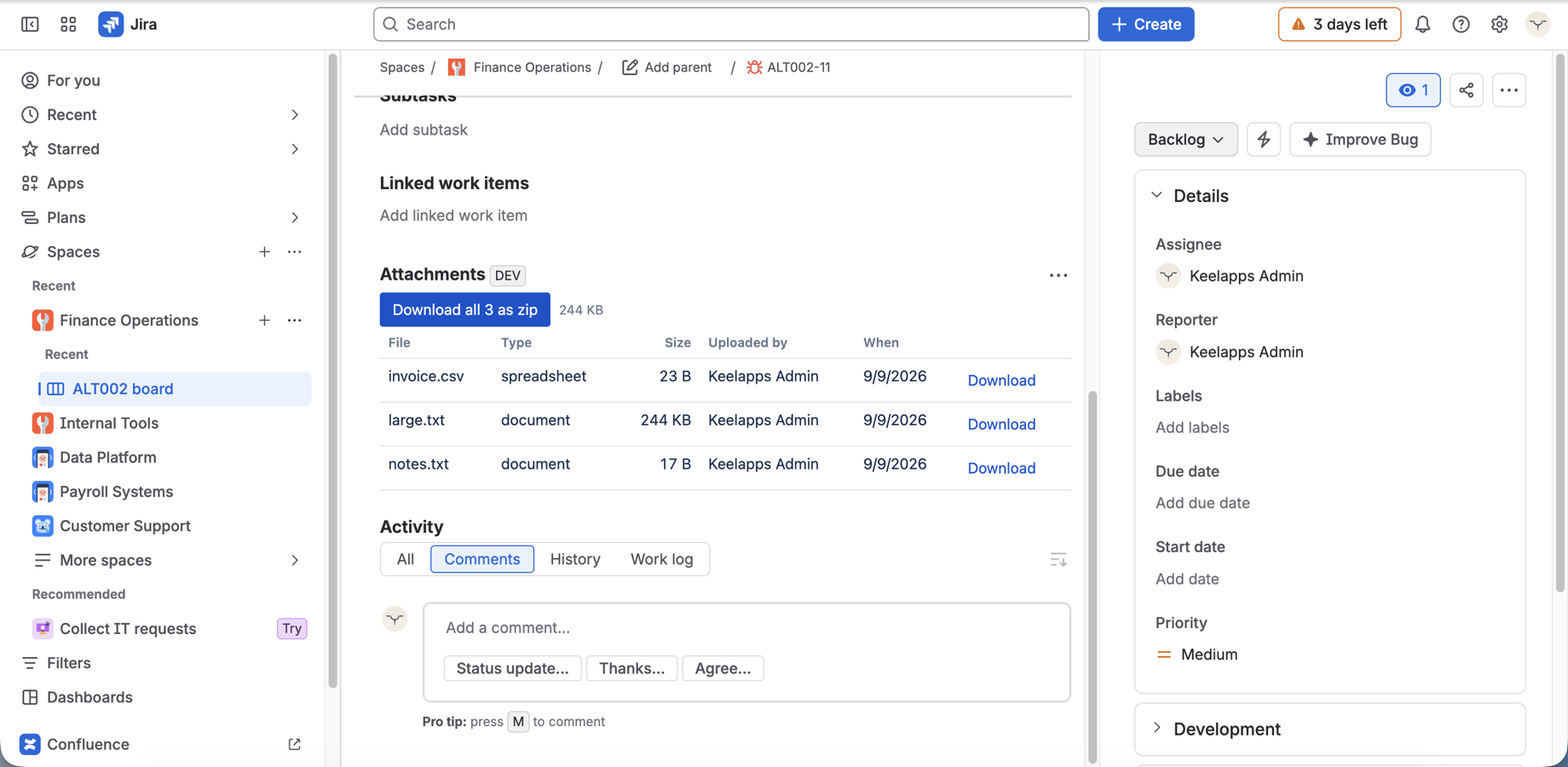The Satchel panel on a Jira issue listing forty-five attachments with sizes and a single Download all as zip button